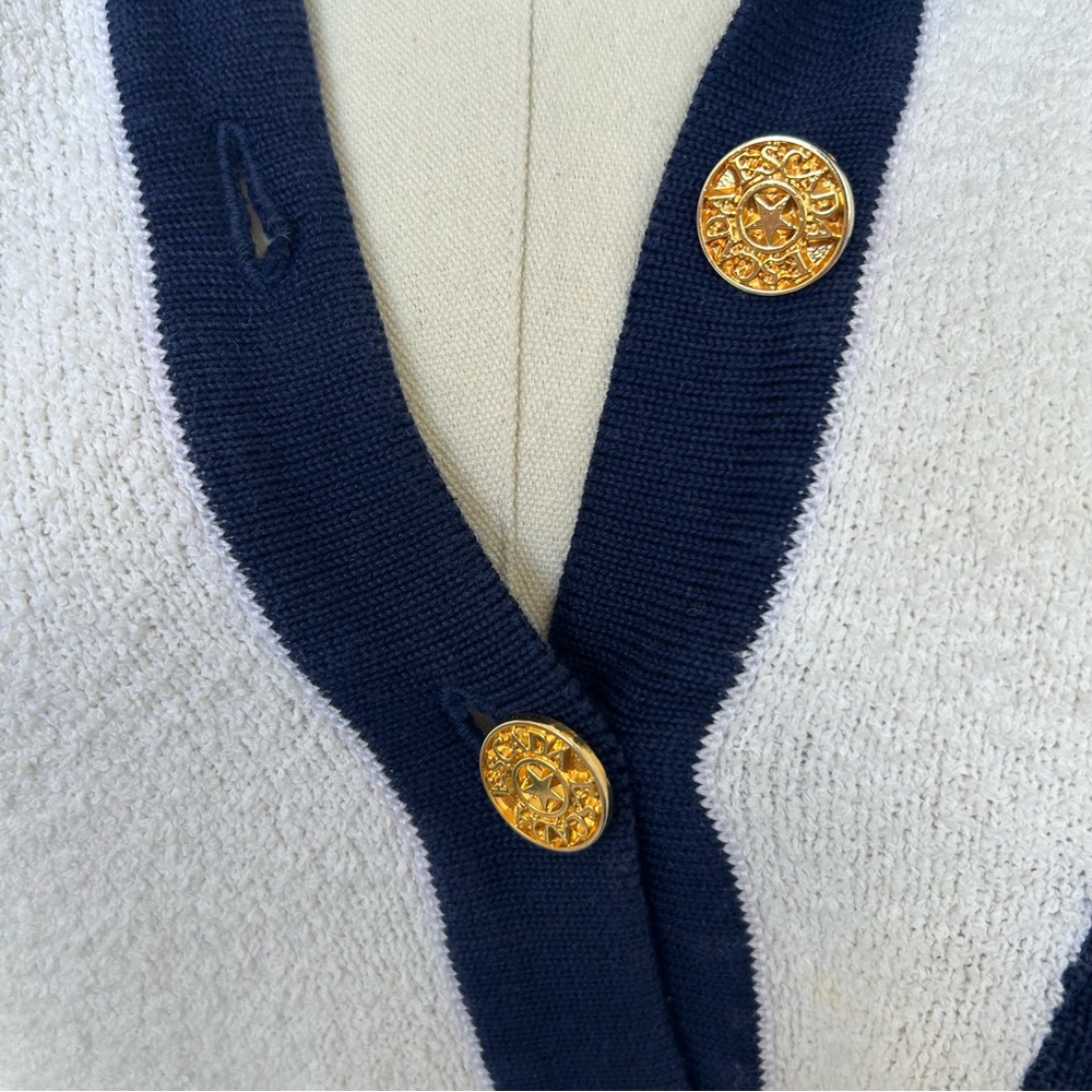 Vintage Escada White & Navy Terry Sequin Collar Button Up Long Sleeve Polo - Picture 9 of 16